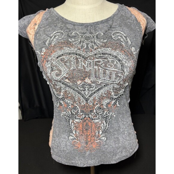 Y2K Sinful Affliction Lace Bedazzled Rhinestone Womens Medium Top Grunge Goth - Picture 1 of 11
